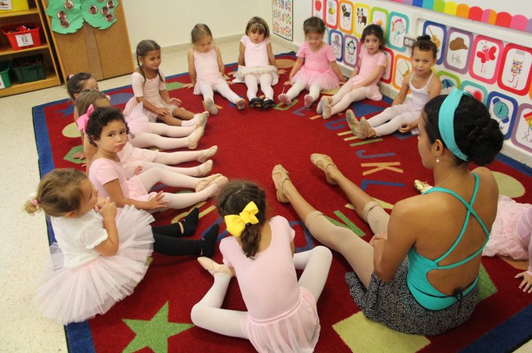 Young female preschool students dressed in pink tutus, leotards and ballet slippers sit in a circle headed by their teacher, who is wearing a turquoise leotard and headband with a grey ballet skirt.