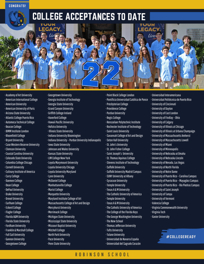 A picture of the graduating class of 2022 is the header to a list of all the universities that accepted our graduates.