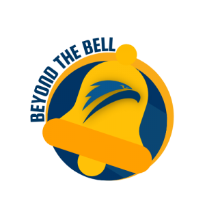 A yellow bell with the blue Robinson hawk logo on top, placed within a blue circle with a yellow border. Text bordering the circle reads 'Beyond the Bell'.