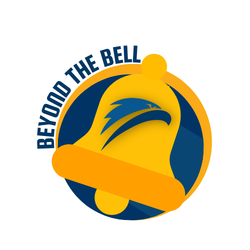 A yellow bell with the blue Robinson hawk logo on top, placed within a blue circle with a yellow border. Text bordering the circle reads 'Beyond the Bell'.